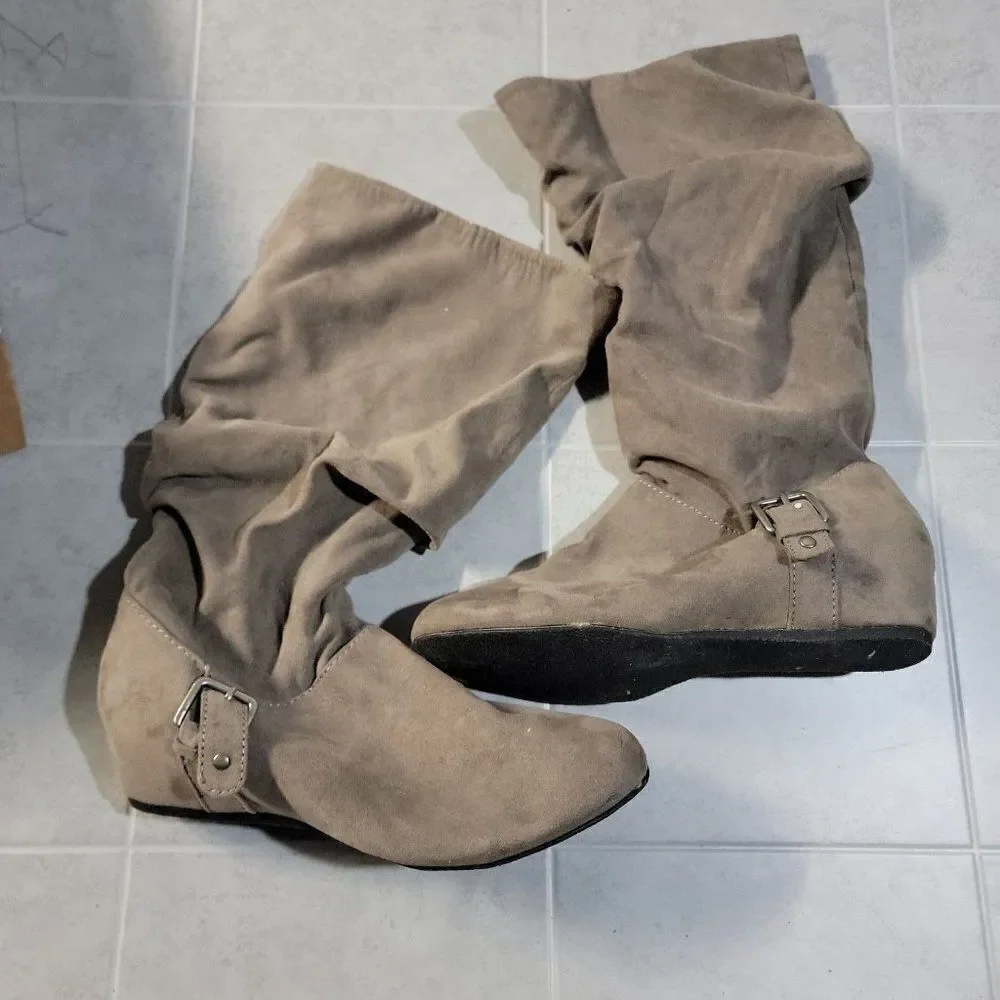 Bongo Womens Armitage 20311 Taupe Leather Mid Calf Pull On Slouch Boots Sz 8.5 M
